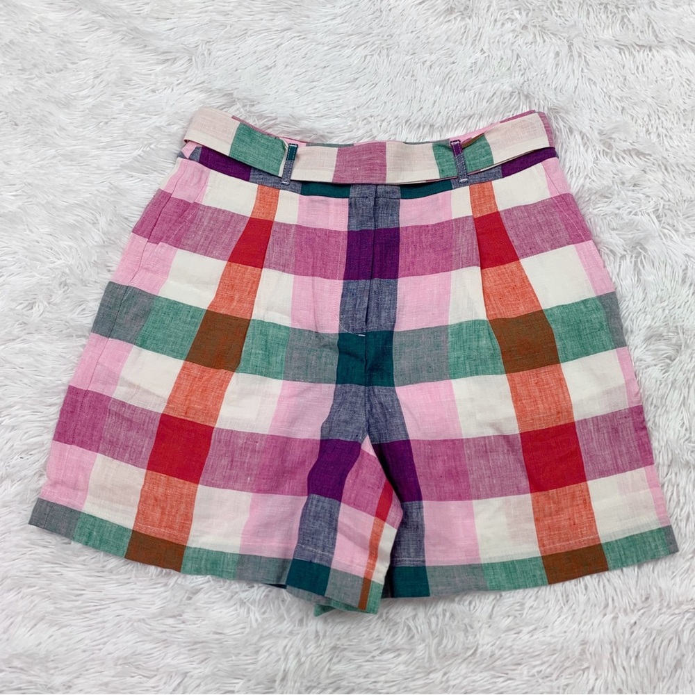Boden Alma high rise Tie Waist Linen Shorts Bonbon Pink, Flambe Check - Picture 2 of 11